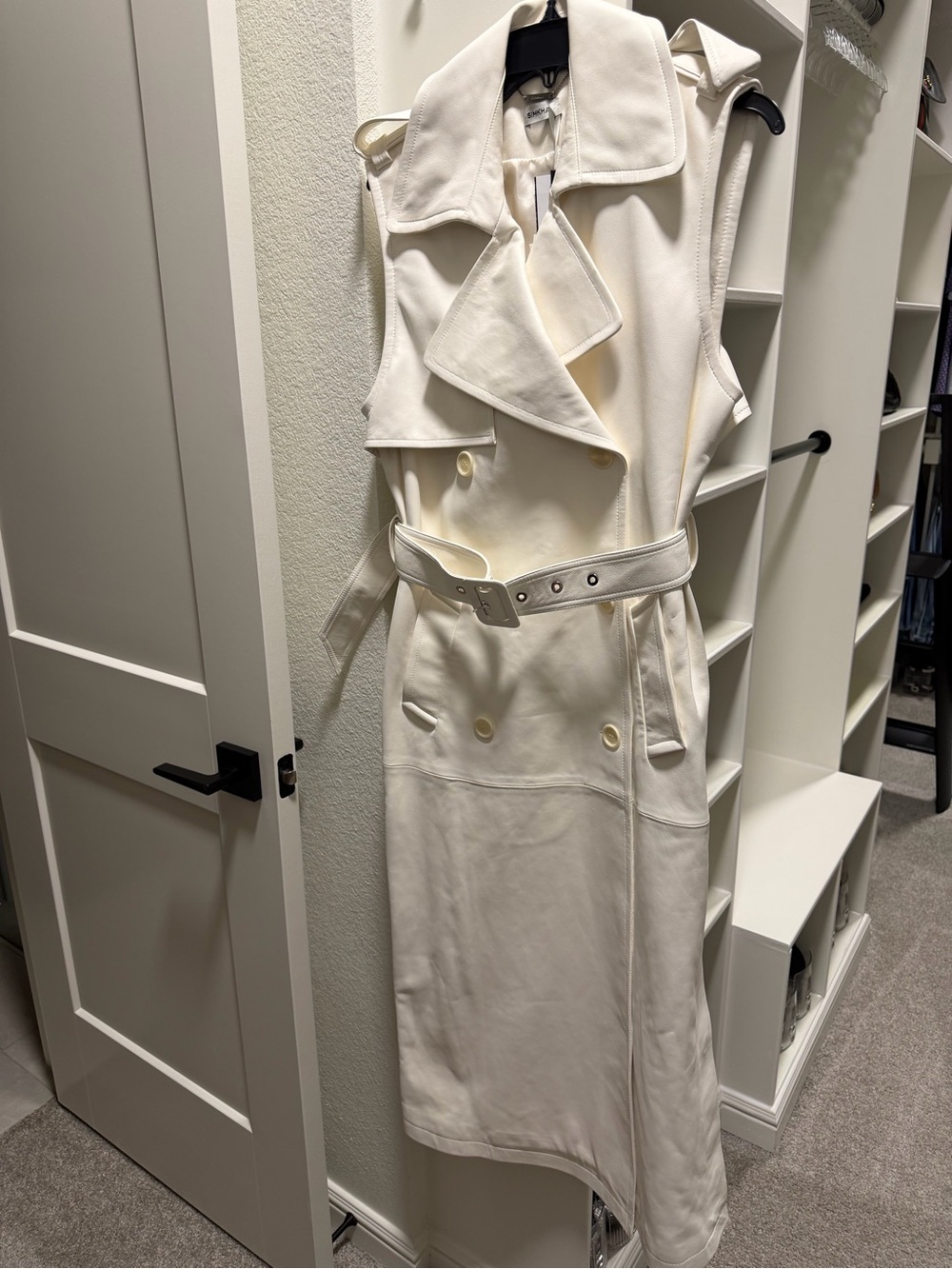 Simkhai Leather Sleeveless Cream Trench Midi Dress with Belt